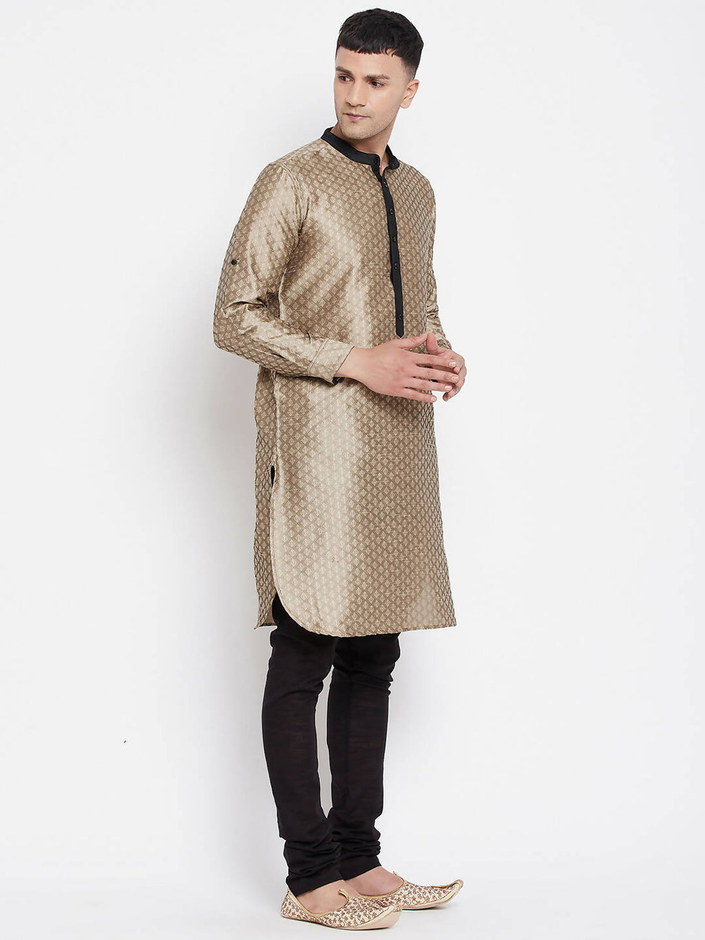 Even Apparels Beige Art Silk Men's Kurta With Contrast Collar And Placket