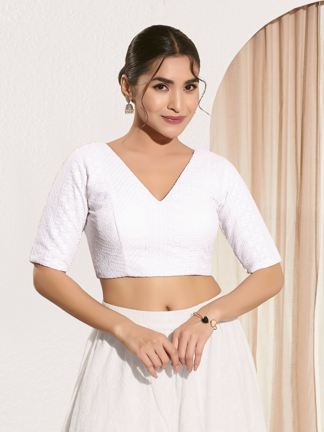 Joban Fashion White Shifli Padded Blouse With V Neck Elbow Sleeves