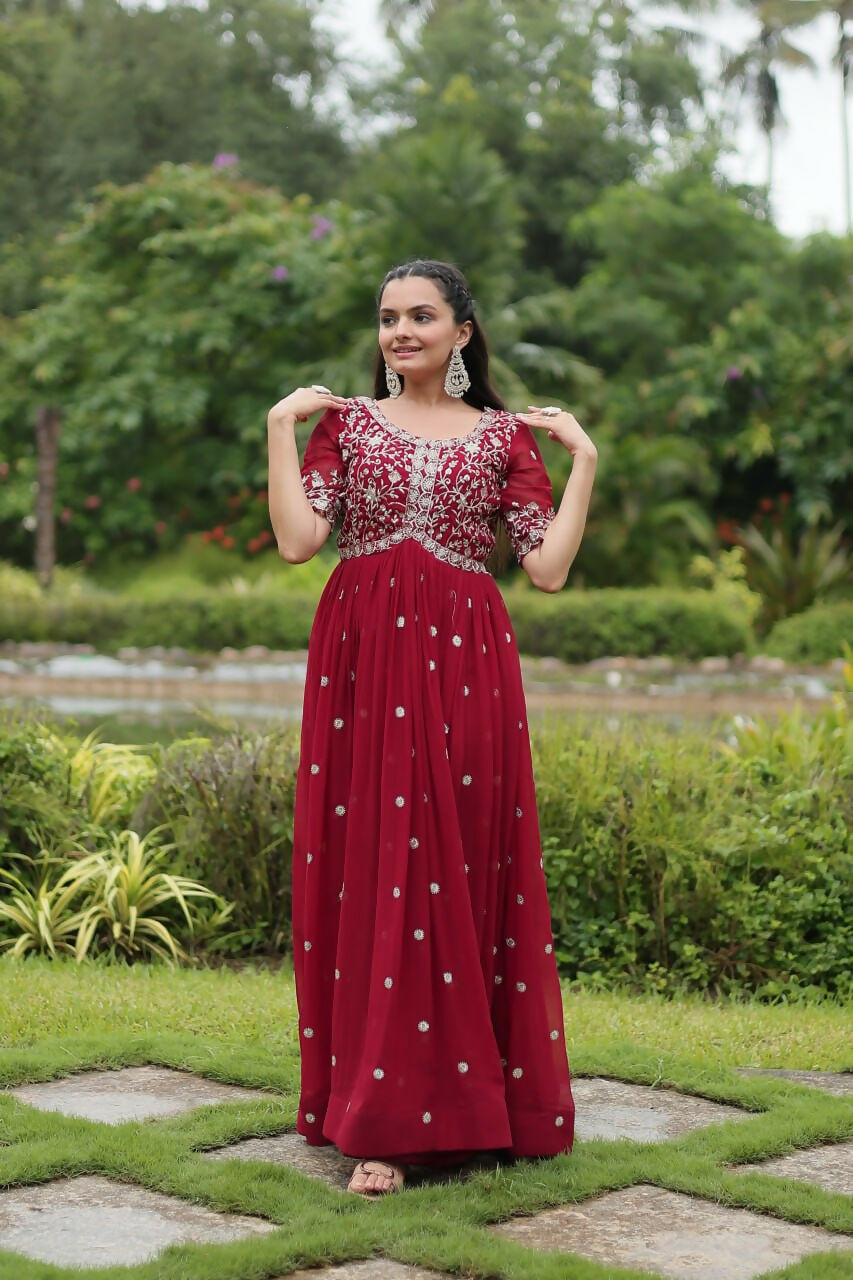 Vastranavya Premium Designer Faux Blooming with Embroidery Zari Sequins work Gown - Maroon