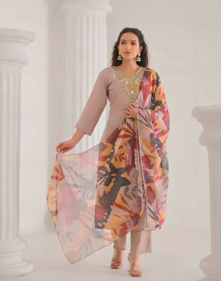 Ethnic Festive Wear Chanderi with Cotton Lining Beige Stitched Suit With Dupatta - Tanisha