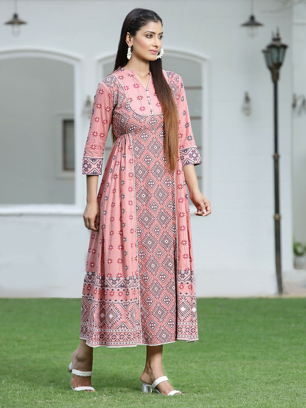 Juniper Peach Geometric Printed Pure Cotton Maxi Dress With Lace Work