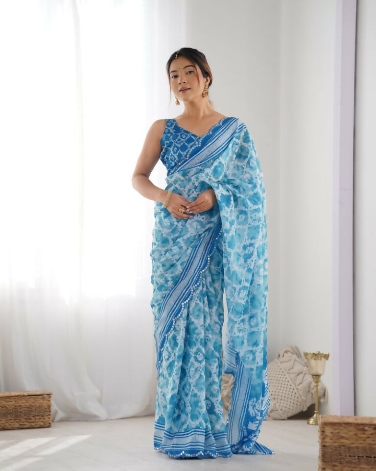 Blue Chinon Designer Digital Printed & Mirror Cut Work Saree - Kriti