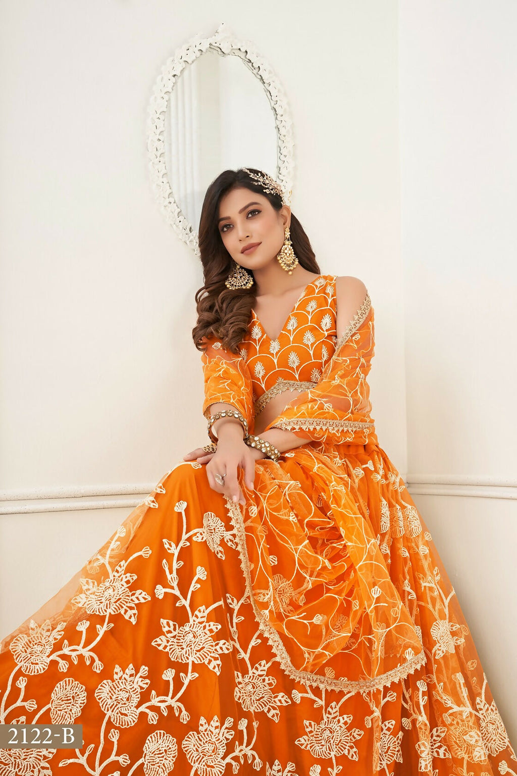 Eilara Women'S Orange Butterfly Net With Sequins And Embroidery Work Lehenga Choli For Wedding