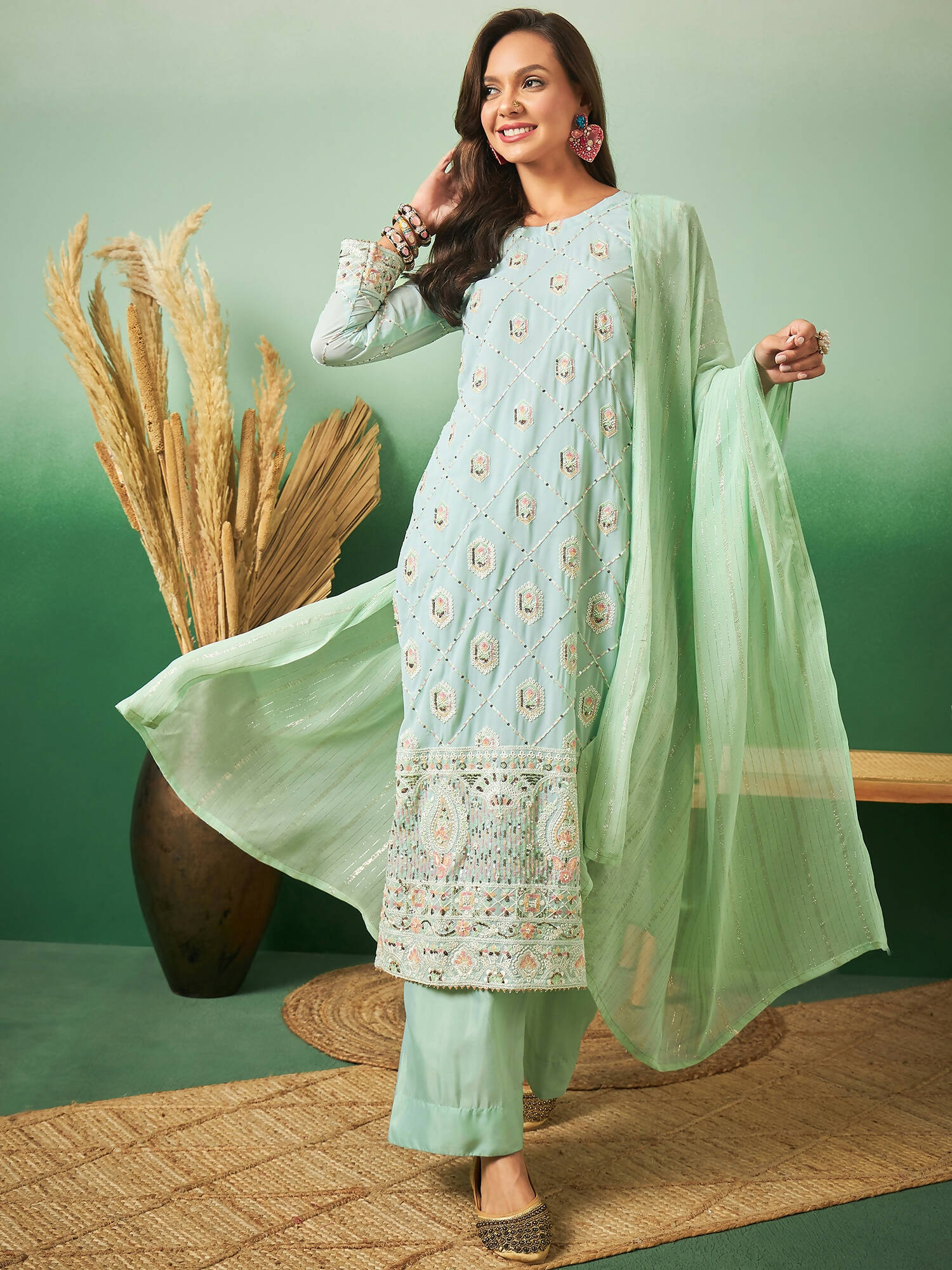 Sea Green Georgette Handwork Unstitched Dress Material - Hanika
