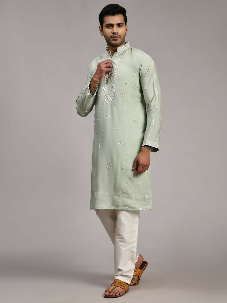 Light Green Silk Designer Embroidery Work Men's Rajwadi Kurta Set - Mahotsav