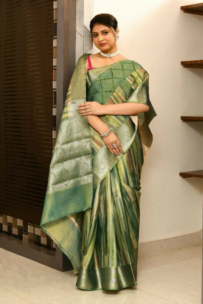 Joban Fashion Green Saree Tissue Digital With Embroidery
