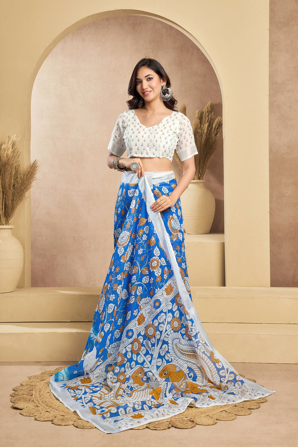 Vastranavya Blue Digital Printed Linen Ready To Wear Designer Saree with Unstitched Blouse
