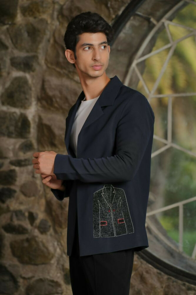 Noir Canvas Blazer – Black 4-Way Stretch Graphic Detail Suit For Men | Wedding & Party Wear by Hilo Design