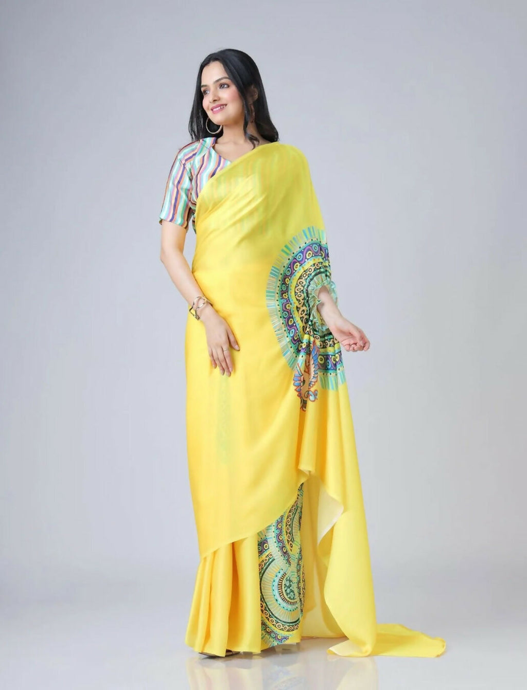 Vastranavya Yellow Ready to Wear Swan Print Free Hand Saree