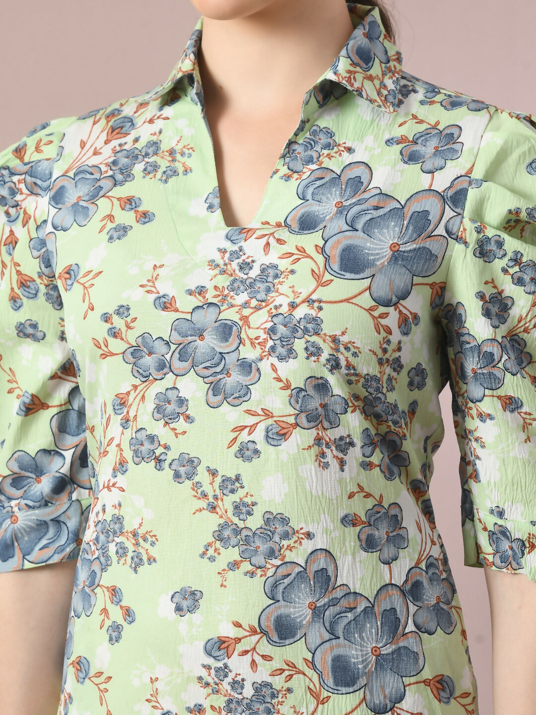 Myshka Women's Green Printed Shirt Collar Fit and Flare Party Dress