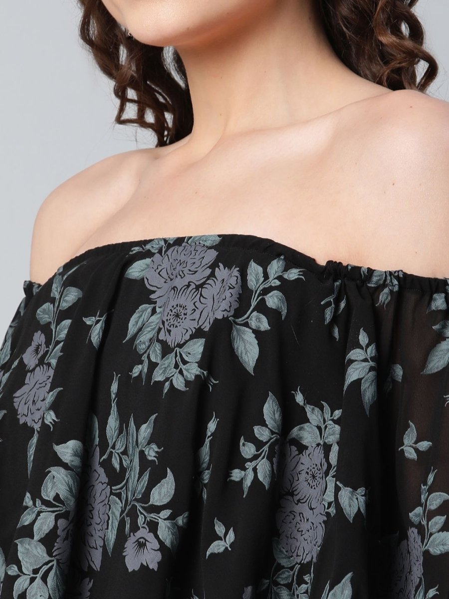 Ahalyaa Women Crepe Printed Black Dress