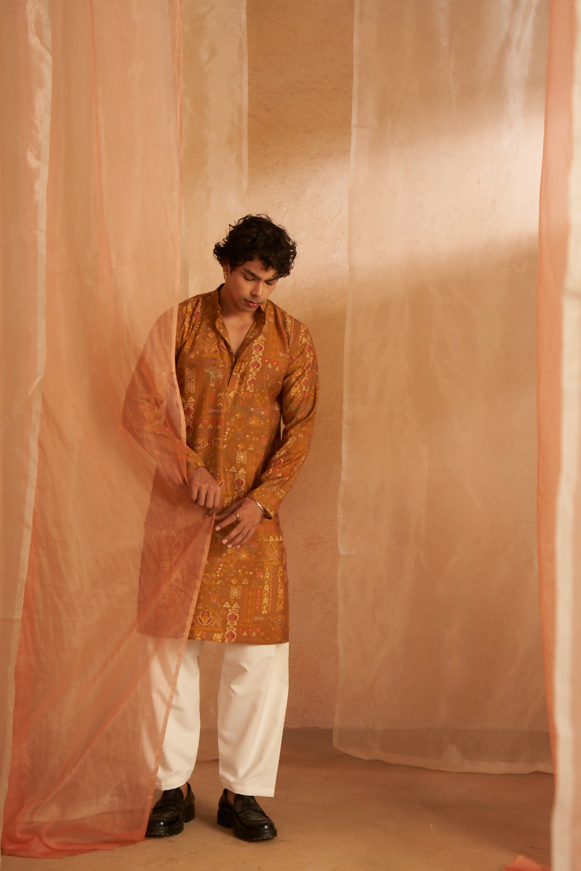 Brownish Yellow Modal Silk Designer Printed Men's Kurta Set - Mahotsav
