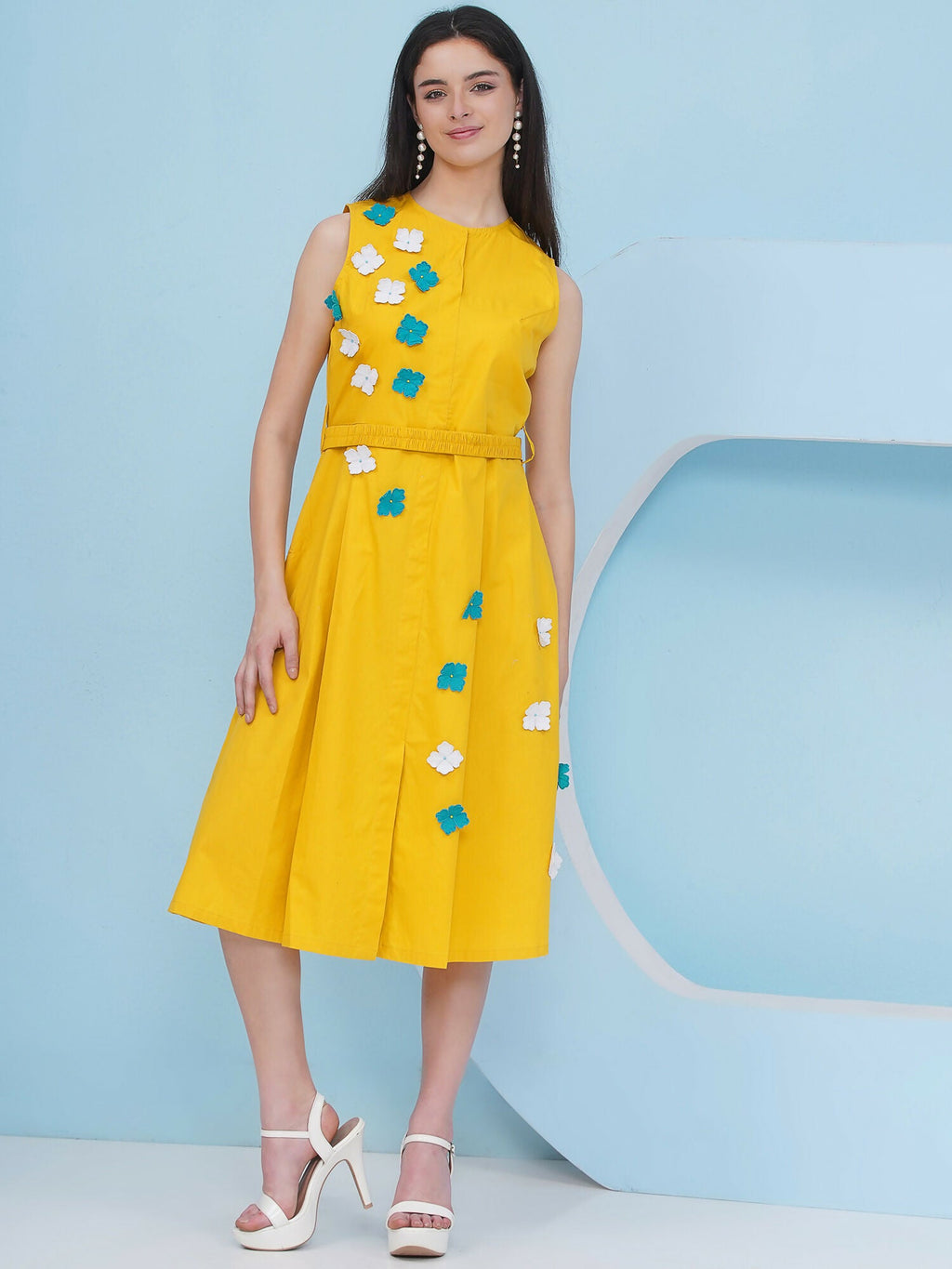Joban Fashion Yellow Dress with 3D Flower Embroidery and Belt
