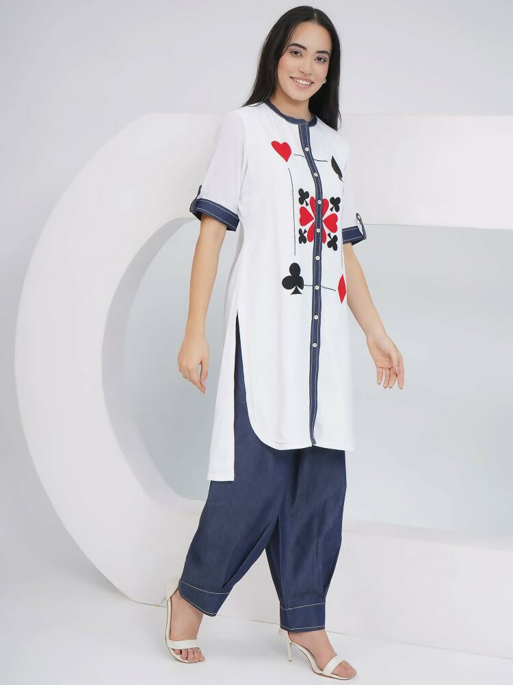 Joban Fashion White Rayon Crepe Applique Embroidered Shirt with Afghani Pants