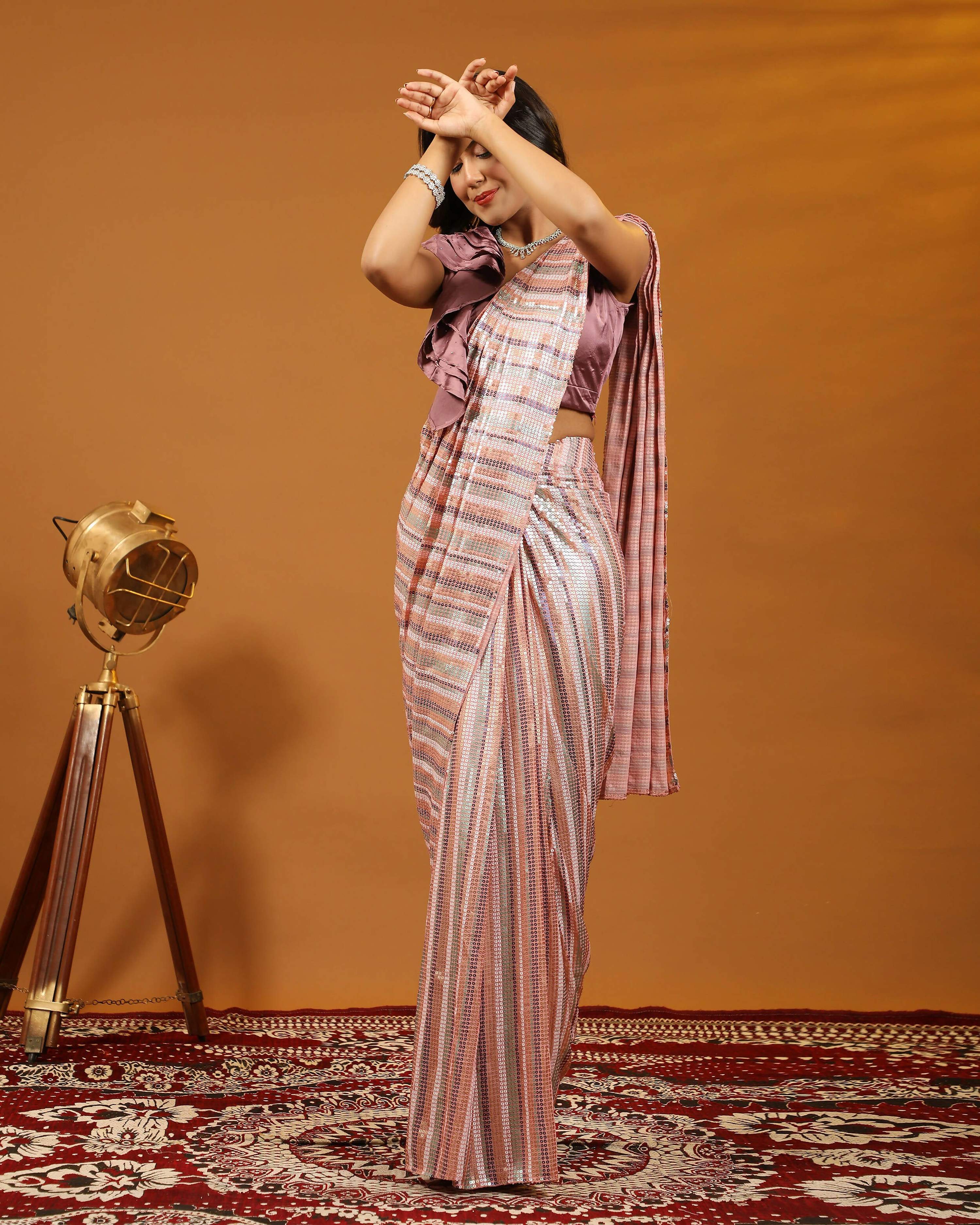 Pink Pure Georgette Sequence work Ready to wear Saree with stitched Blouse - Satiksha
