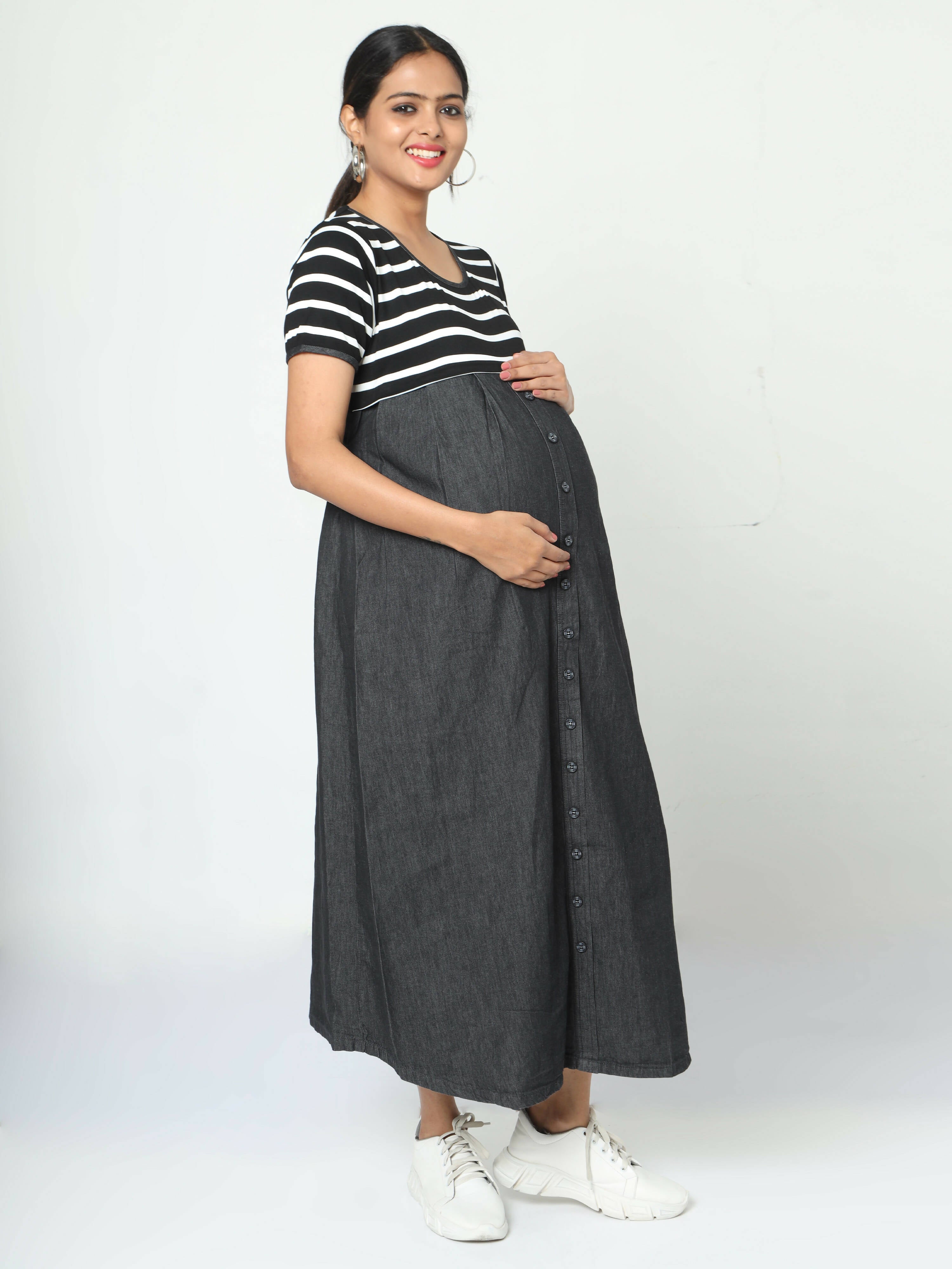 Manet Half Sleeves Maternity Dress White Striped With Concealed Zipper Nursing Access - Black