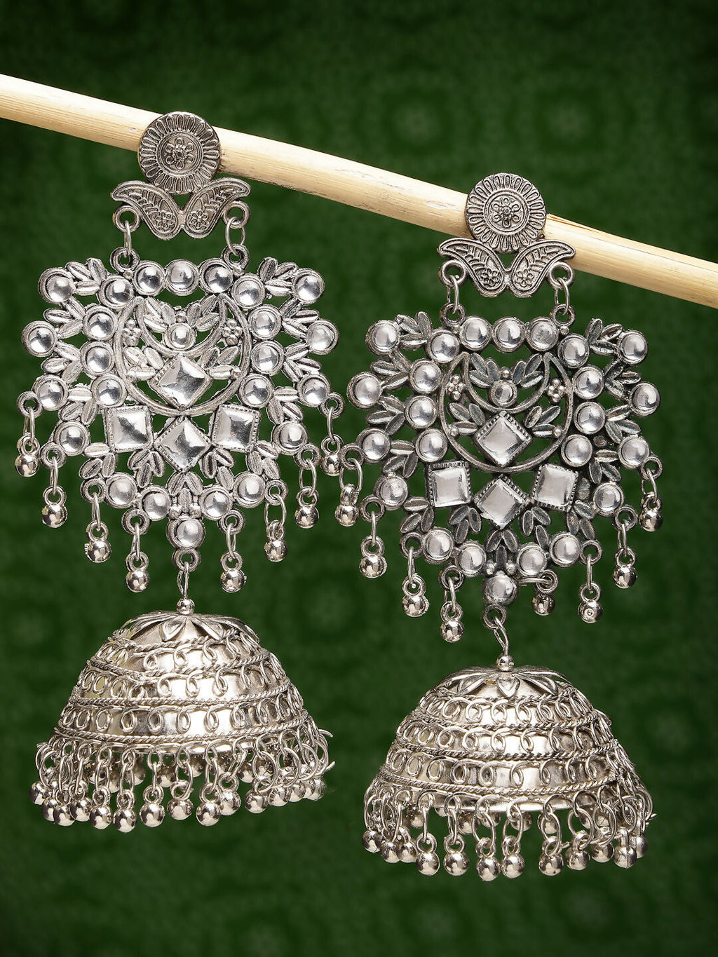 NVR Women's Silver-Plated Oxidised Artificial Stones Dome Shaped Jhumka Earrings