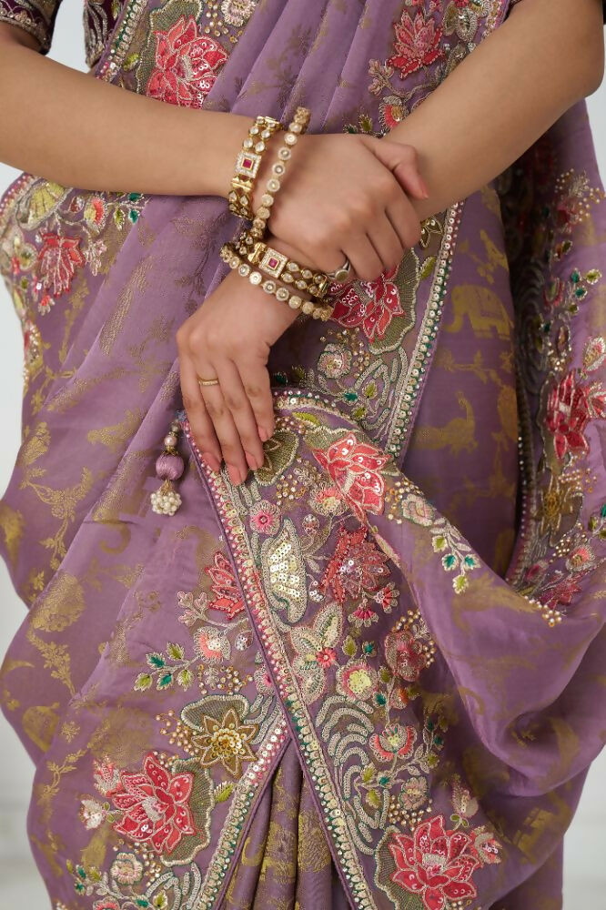 Kesar Fab Bloom In Style: Mauve With Vibrant Thread Work & Floral Motifs Saree