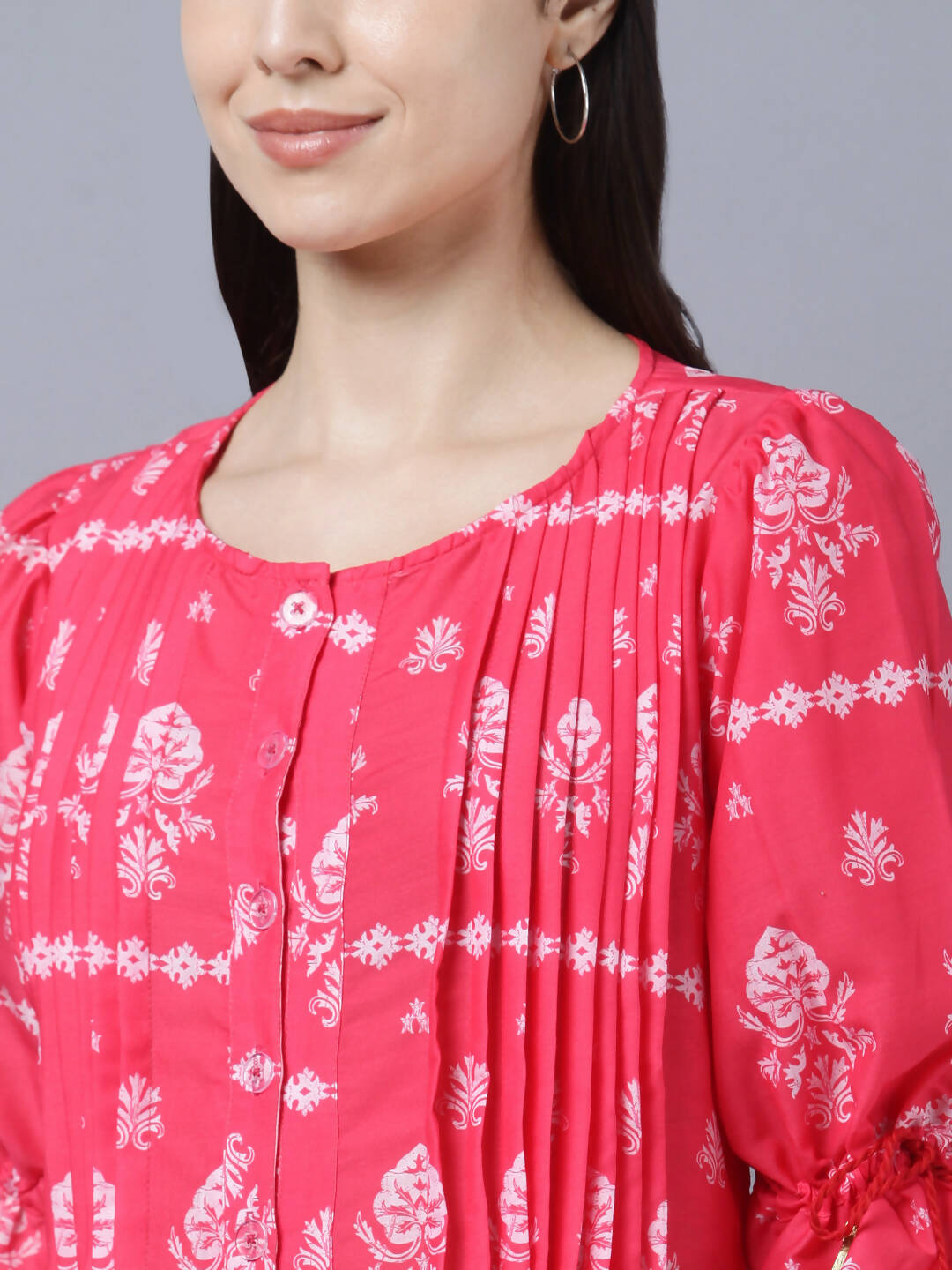 Myshka Women's Pink White Ethnic Motifs Printed Maxi Dress