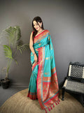Joban Fashion Aqua Green Banarasi Soft Silk Peacock Butta Work Saree