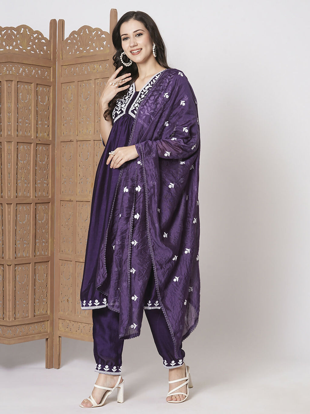 Purple Vichitra Silk Embroidery Work Kurta Set - Riya