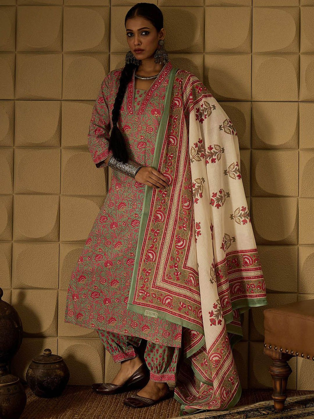 Indo Era Floral Printed Pure Cotton Straight Kurta with Salwar & Dupatta