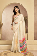 Vastranavya Off White Digital Printed Linen Ready To Wear Pocket Saree with Unstitched Blouse