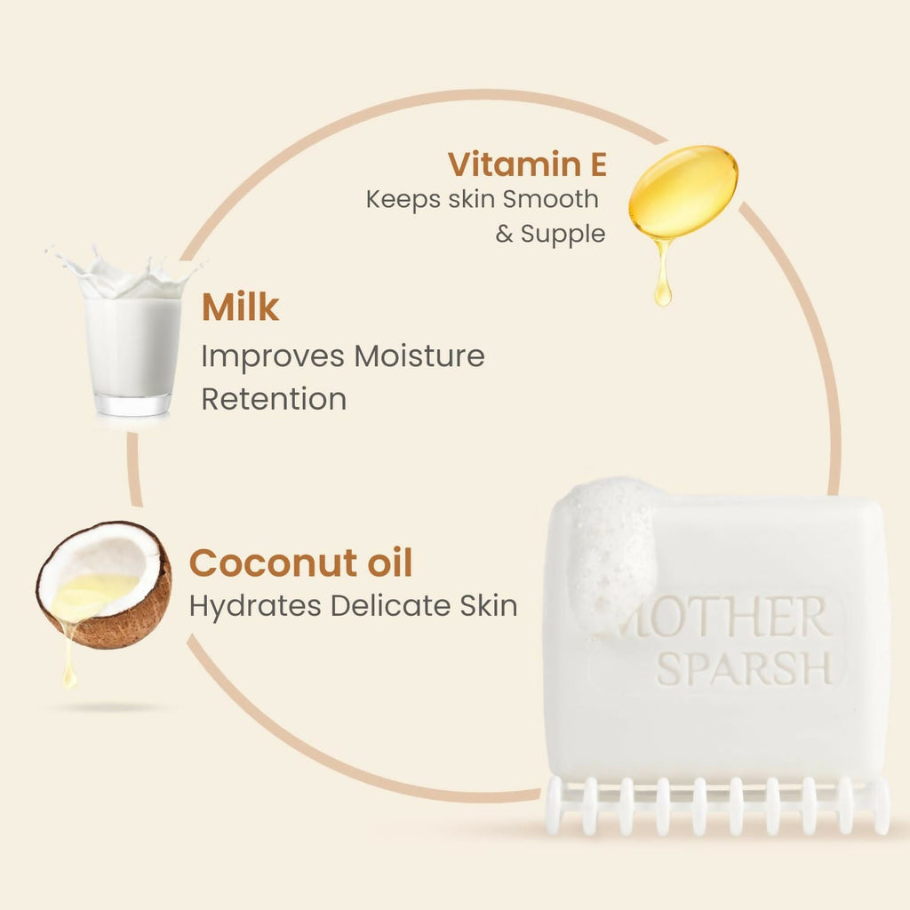 Mother Sparsh Milky Soft Baby Bathing Soap Bar For Hypoallergenic pH 5.5, Tear-Free Formulation, Prevents Dryness