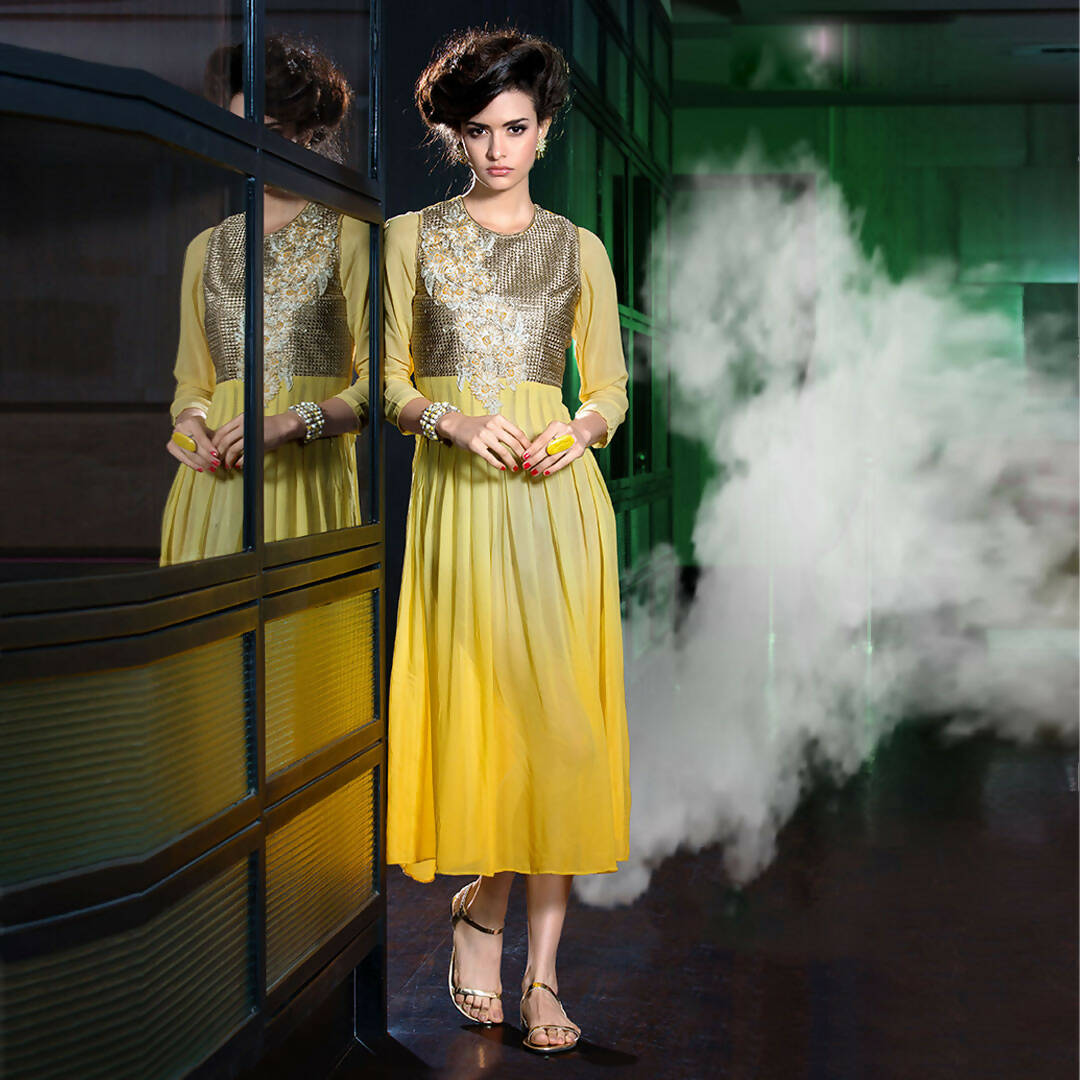 Yellow Georgette Floral Embroidered A-line Kurti - Missy