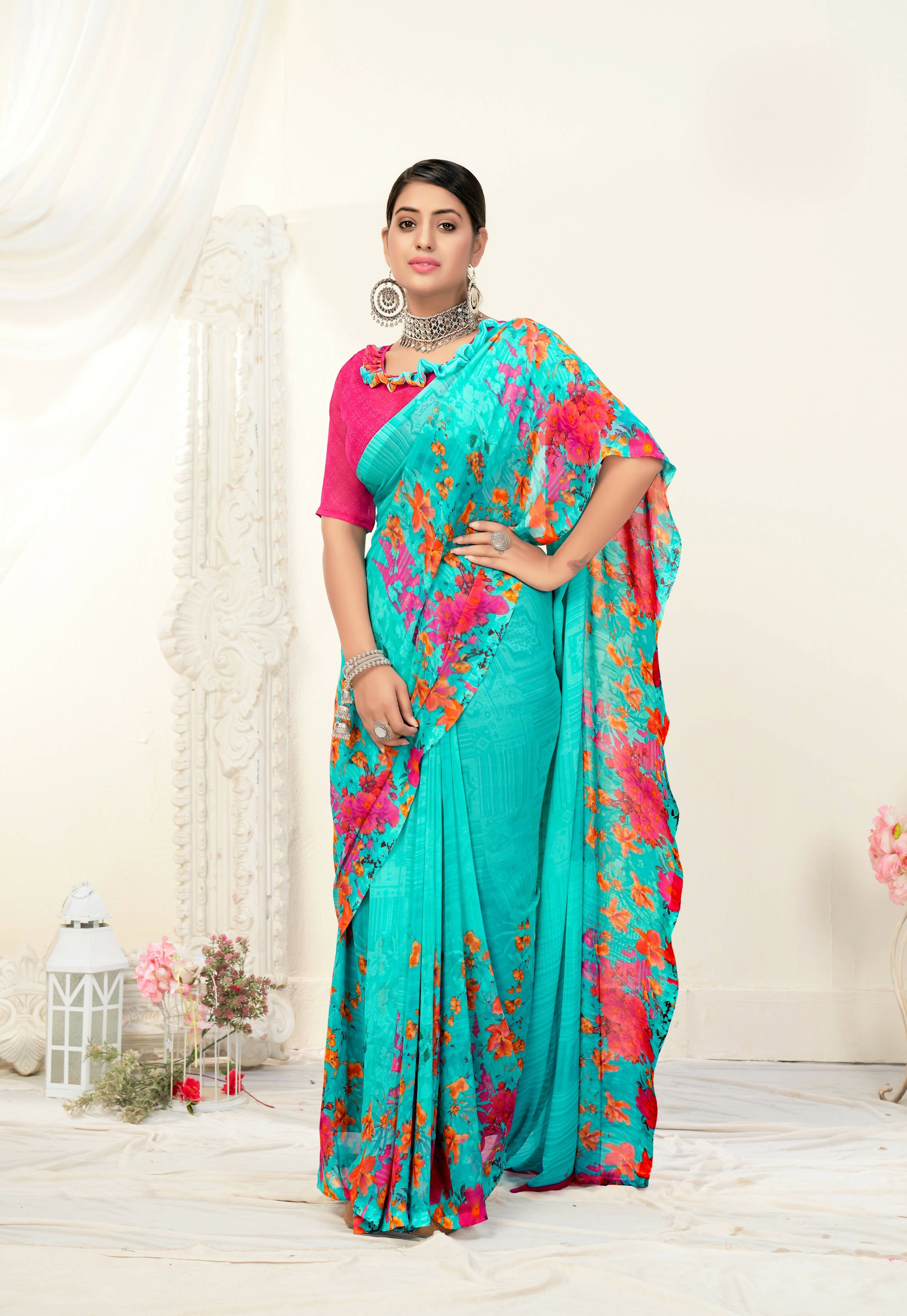 Sea Green Georgette Floral Printed Saree With Unstitched Blouse Piece - Jyoti