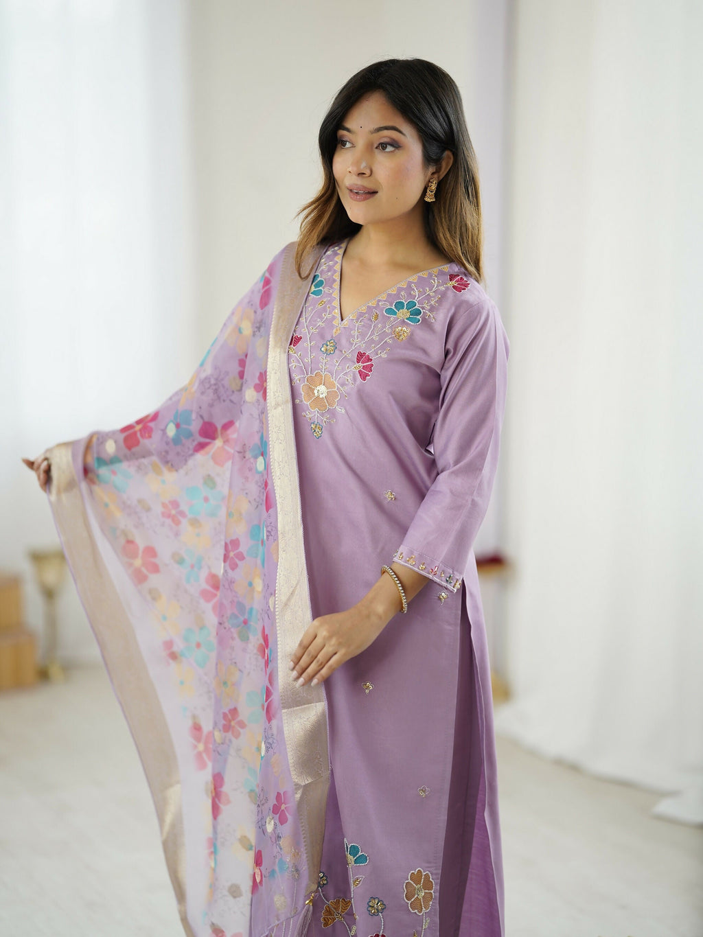 The52 Lavender Women's Gorgeous Embroidered work Viscose Gadhwal Fabric Straight Kurta, Pant and Dupatta Set