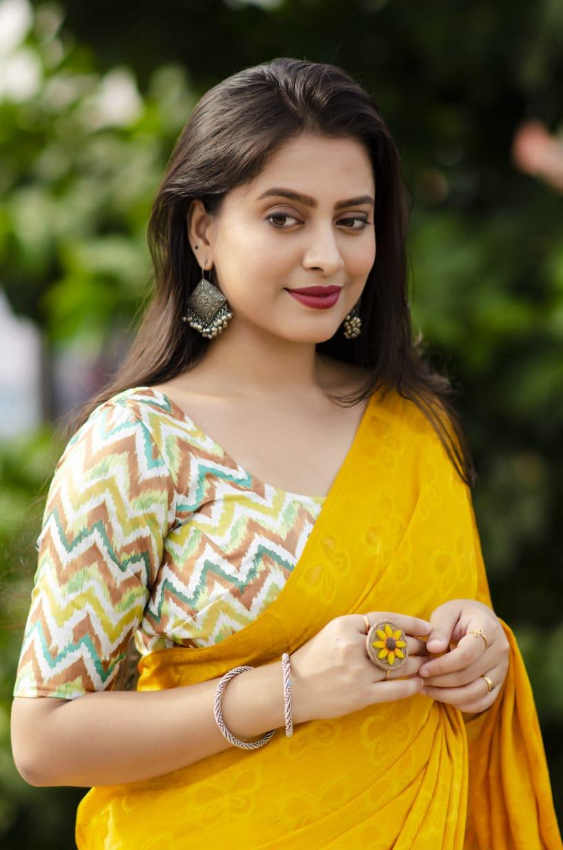 Mustard Silk Blend Ethnic Motifs Saree with Unstitched Blouse - Hiral Fashion