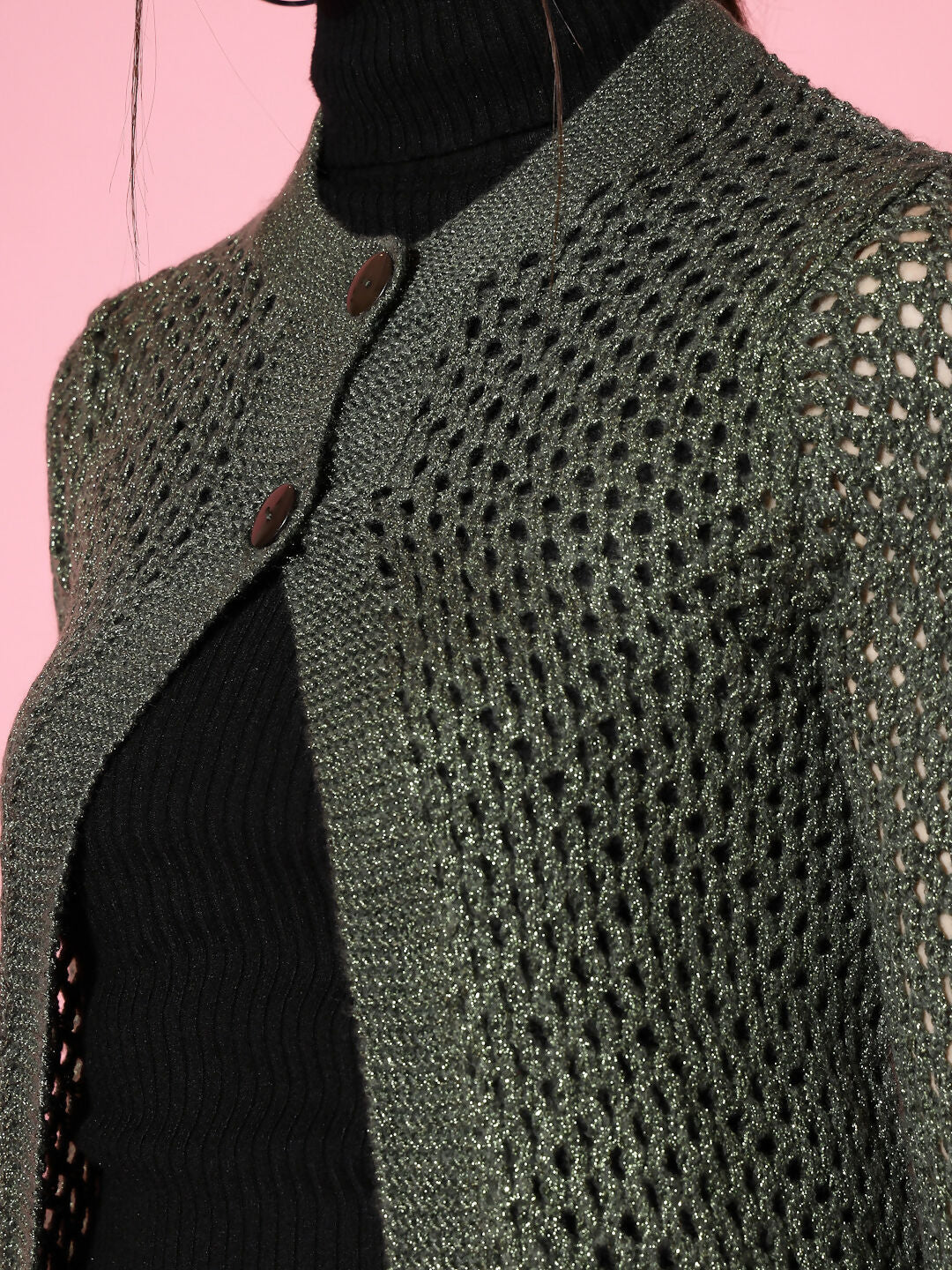Women Self Design Green Acrylic Long Winter Shrug - Wool Trees
