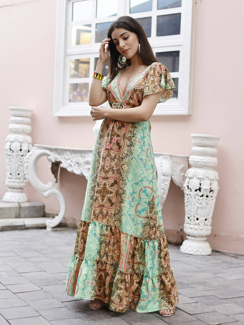Sea Green Rayon Foil Printed Long Dress - Michan