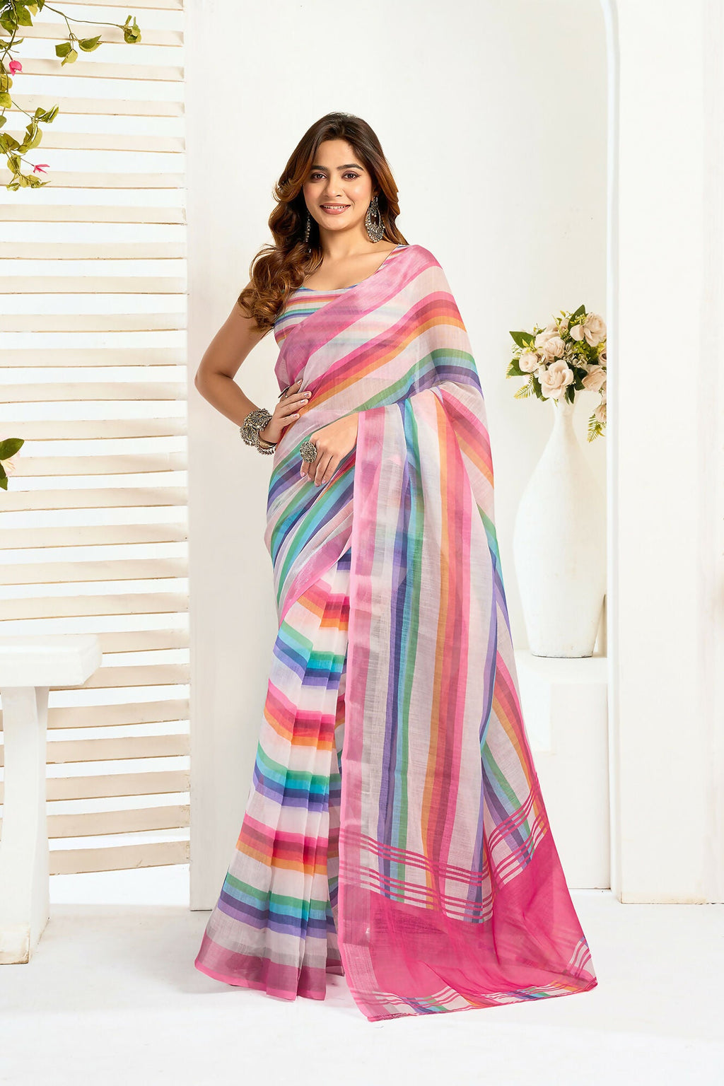 Vastranavya Rainbow Digital Printed Linen Ready To Wear Designer Saree with Unstitched Blouse