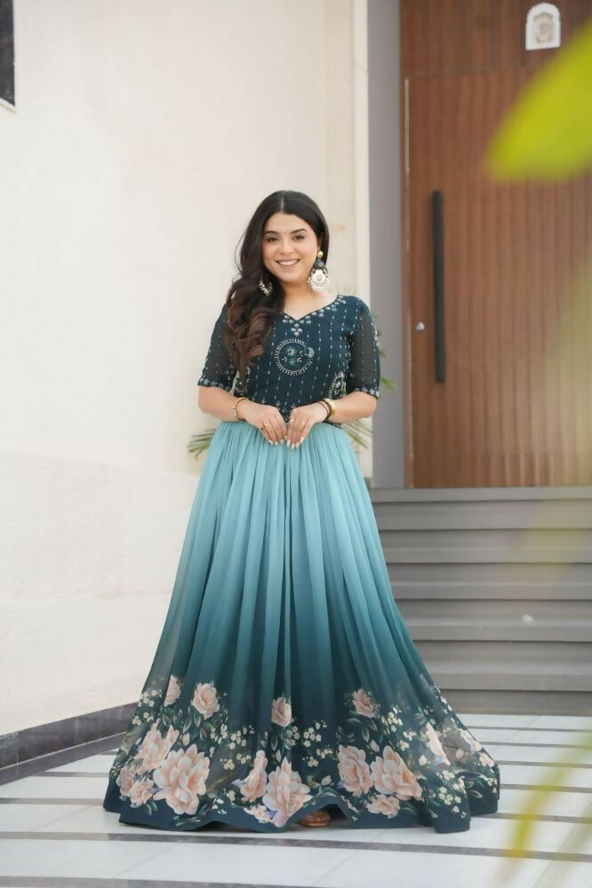 Vastranavya Teal Faux Blooming With Beads Embroidered work and Rich Floral Pedding Digital Print Gown