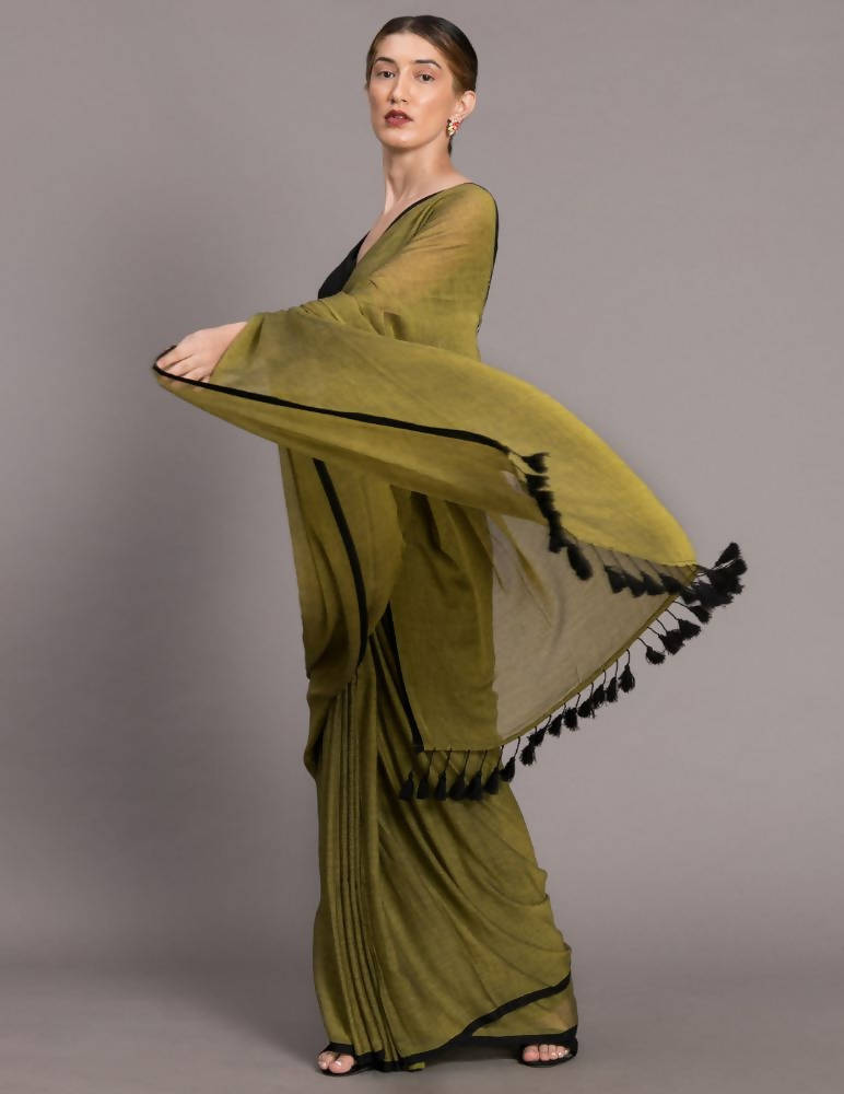 Suta Olive Green Black Solid Pure Cotton Saree