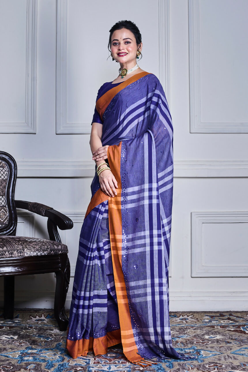 Morchari Sky Blue Cotton Handloom Mirror Work Saree Unstitched Blouse