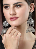 NVR Women's Silver Plated Mirror Work Oxidised Contemporary Jhumka Earrings
