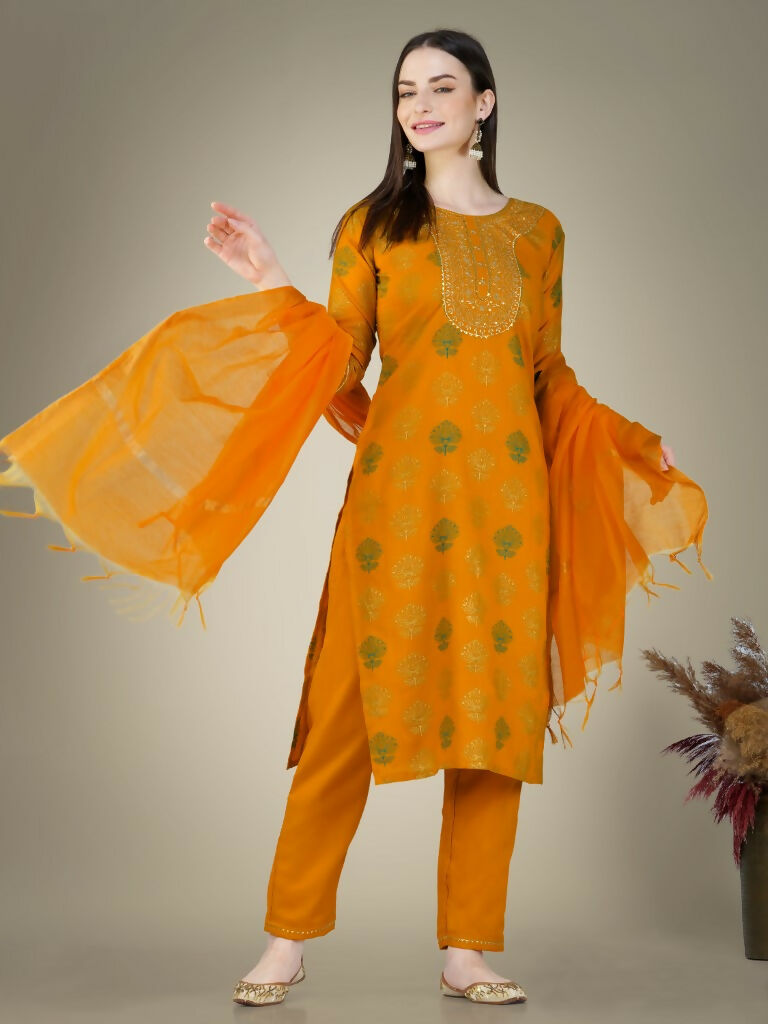 Jyoti Fashion Women's Yellow Cotton Magic Slub Embroidery & Sequence work Kurta with Trouser & Dupatta