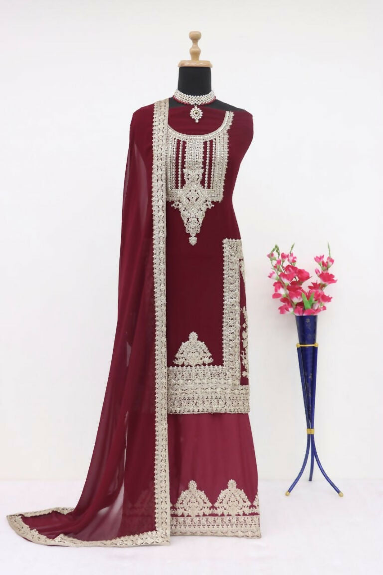 Vastranavya Gorgeous Maroon Faux Georgette with Embroidery 3mm Sequence & Coding Work Pakistani Straight Pant Suit