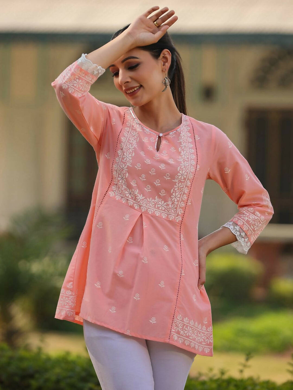 Juniper Women's Peach Cambric Floral Printed Tunic