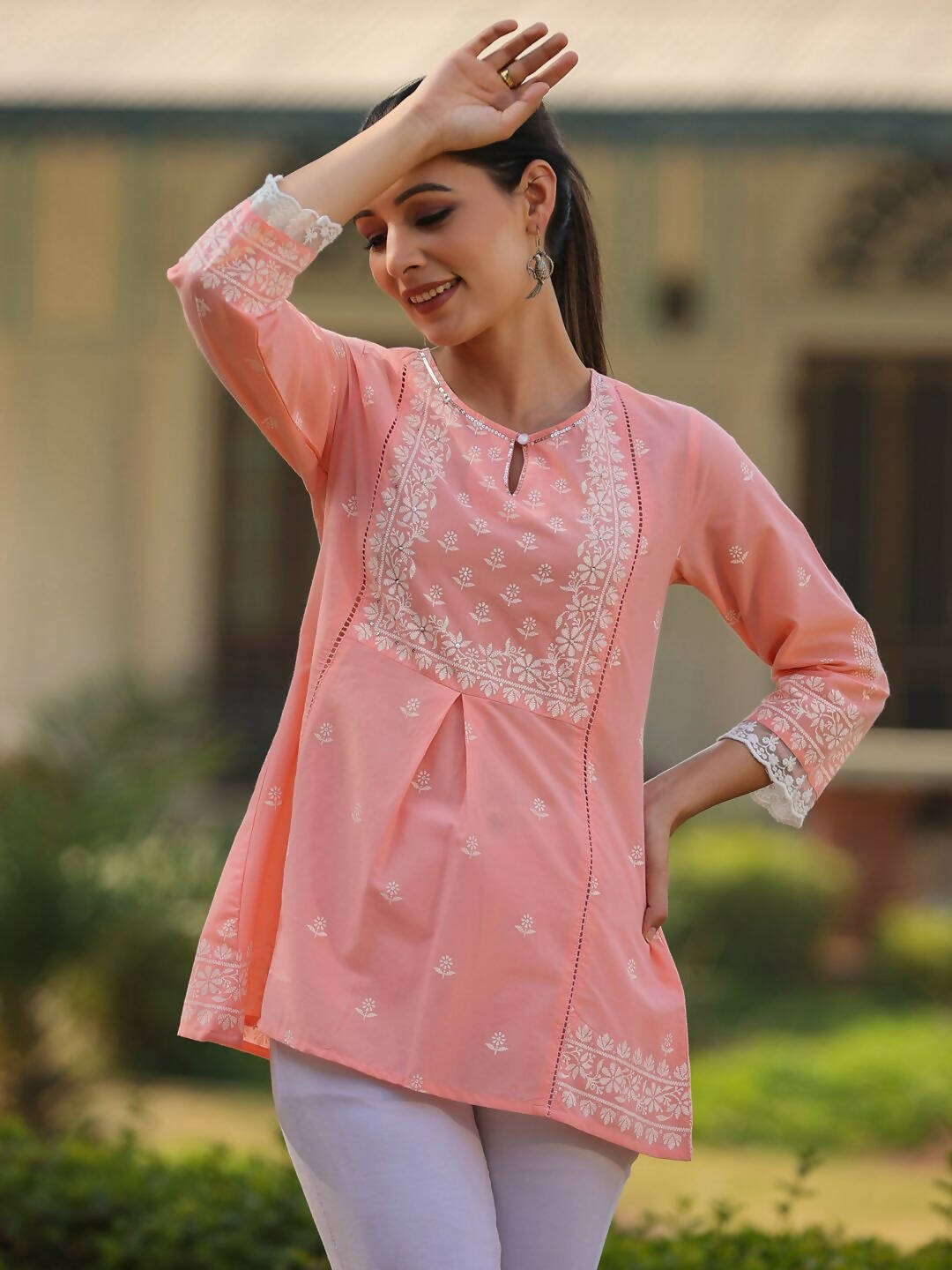 Juniper Women's Peach Cambric Floral Printed Tunic