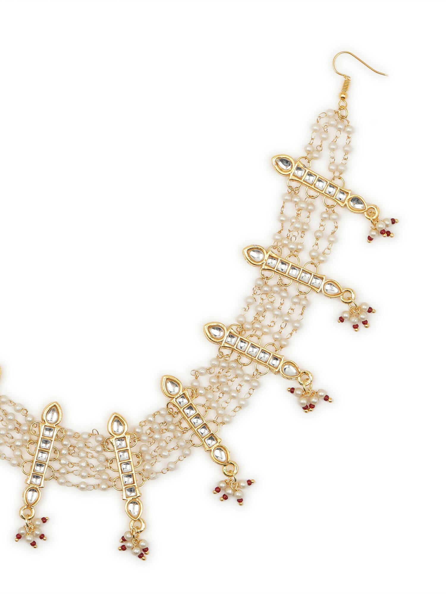 White Gold-Polished Kundan-Studded Beaded Matha Patti - Ruby Raang
