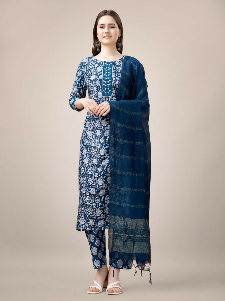 Jyoti Fashion Women's Morpich Rayon Print with Embroidery & Fancy Lace Work Kurta with Trouser & Dupatta