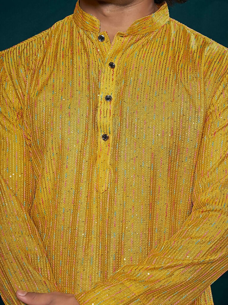 Yellow Viscose Designer Sequance Embroidery Work Men's Kurta Set - Mahotsav