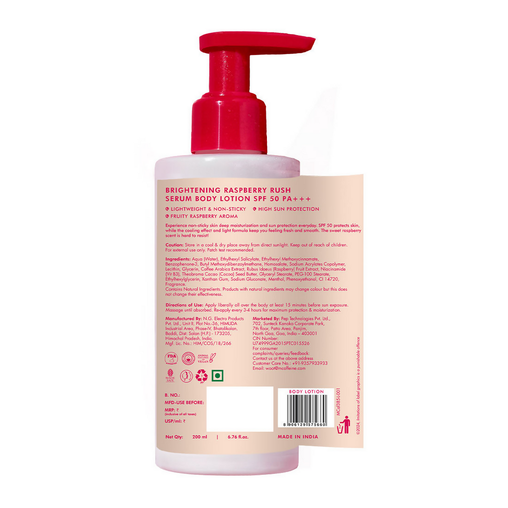 mcaffeine Brightening Raspberry Rush Serum Body Lotion SPF 50 PA+++