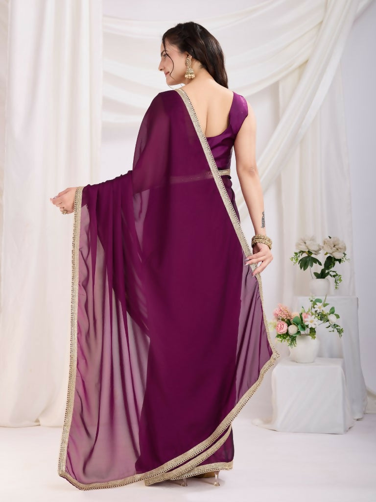 Purple Rangoli Silk Solid, Lace Border Ready To Wear Saree - Kashvi