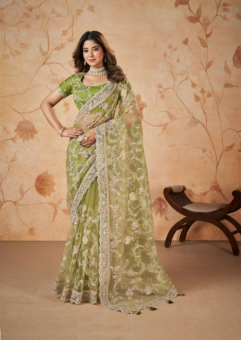 Green Net Sequence & Cord Embroidered Saree - Mohmanthan Dakshika