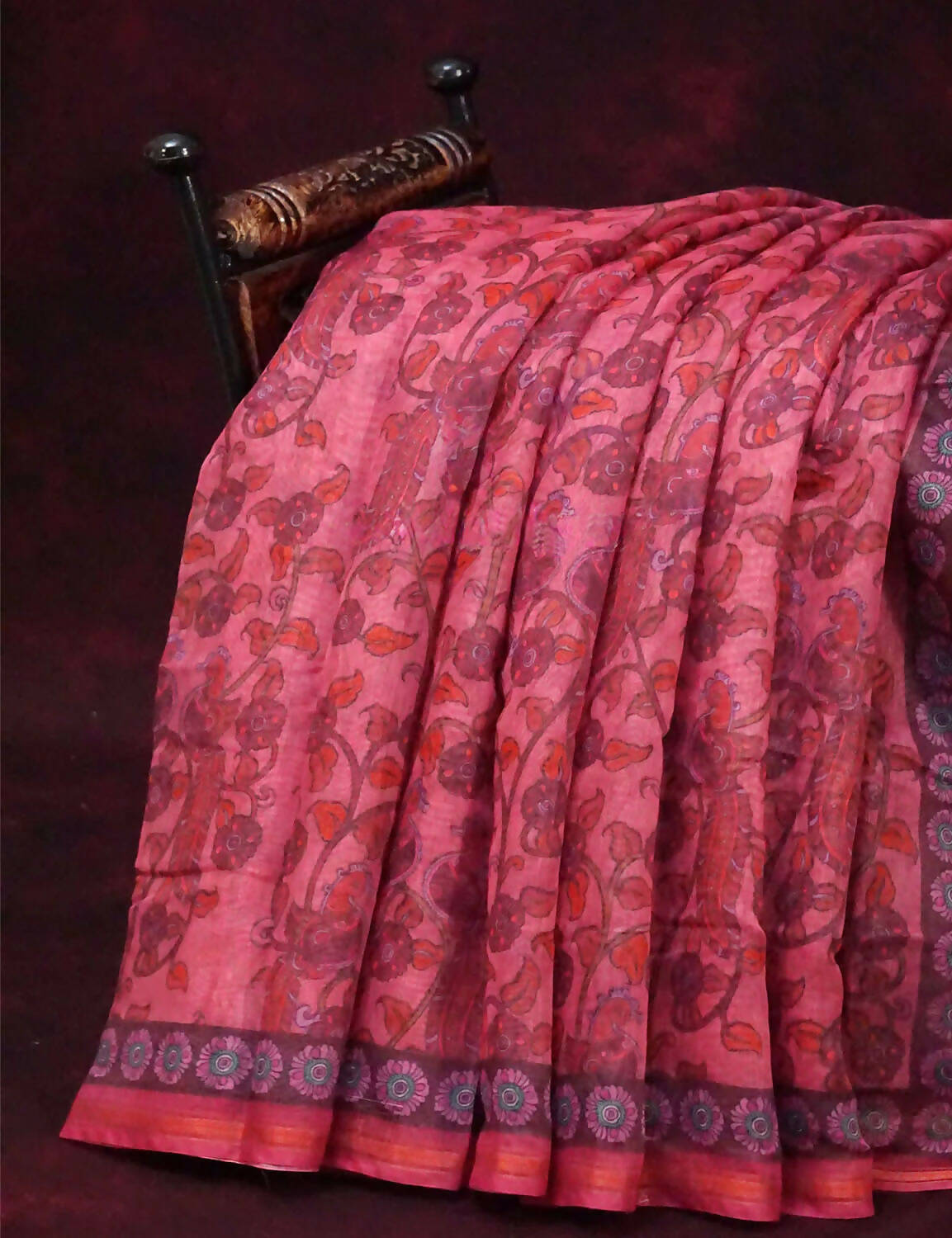 Combination Of Tomato Pink And Rust Mix With Kalamkari Design Semi Chanderi Saree By Gayathri Reddy Designer Studio